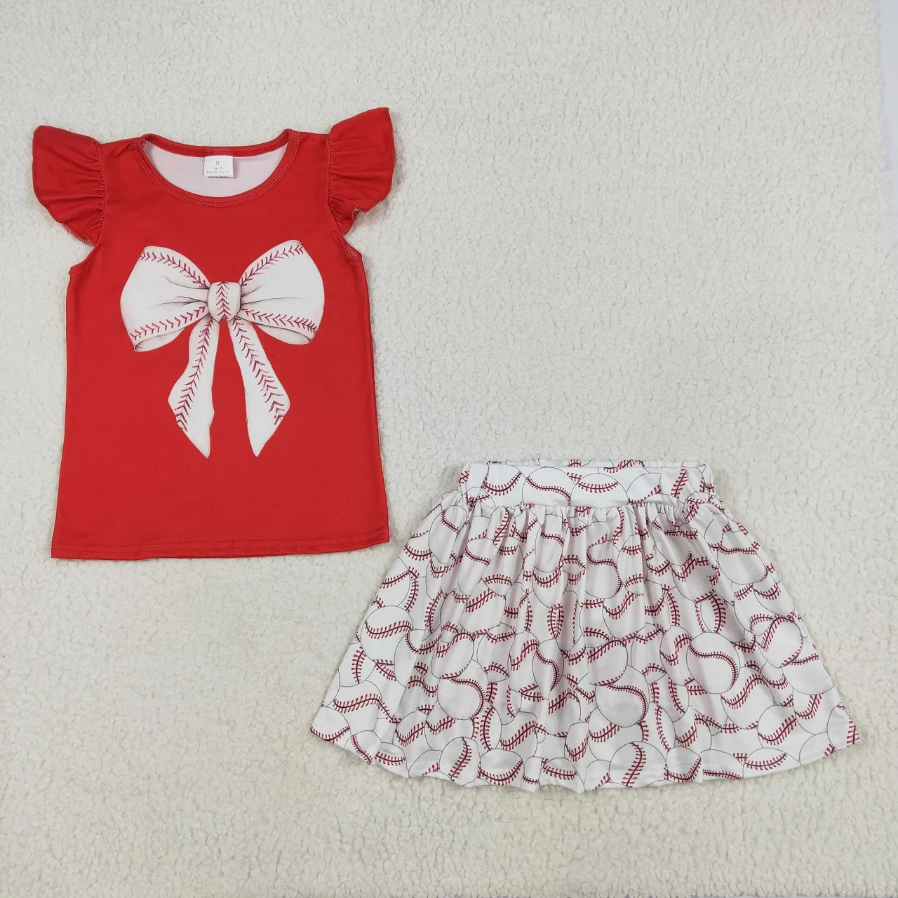 Wholesale Kids Clothes Toddler Infant Red Short Sleeves Bow Shirt Baby Girl Baseball Skirt Shorts Skort Set Children Outfit