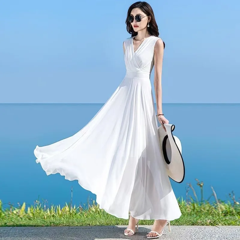 Abito estivo bianco da donna Abito lungo da spiaggia in chiffon Boho senza maniche con scollo a V Abiti da sera da ballo a trapezio