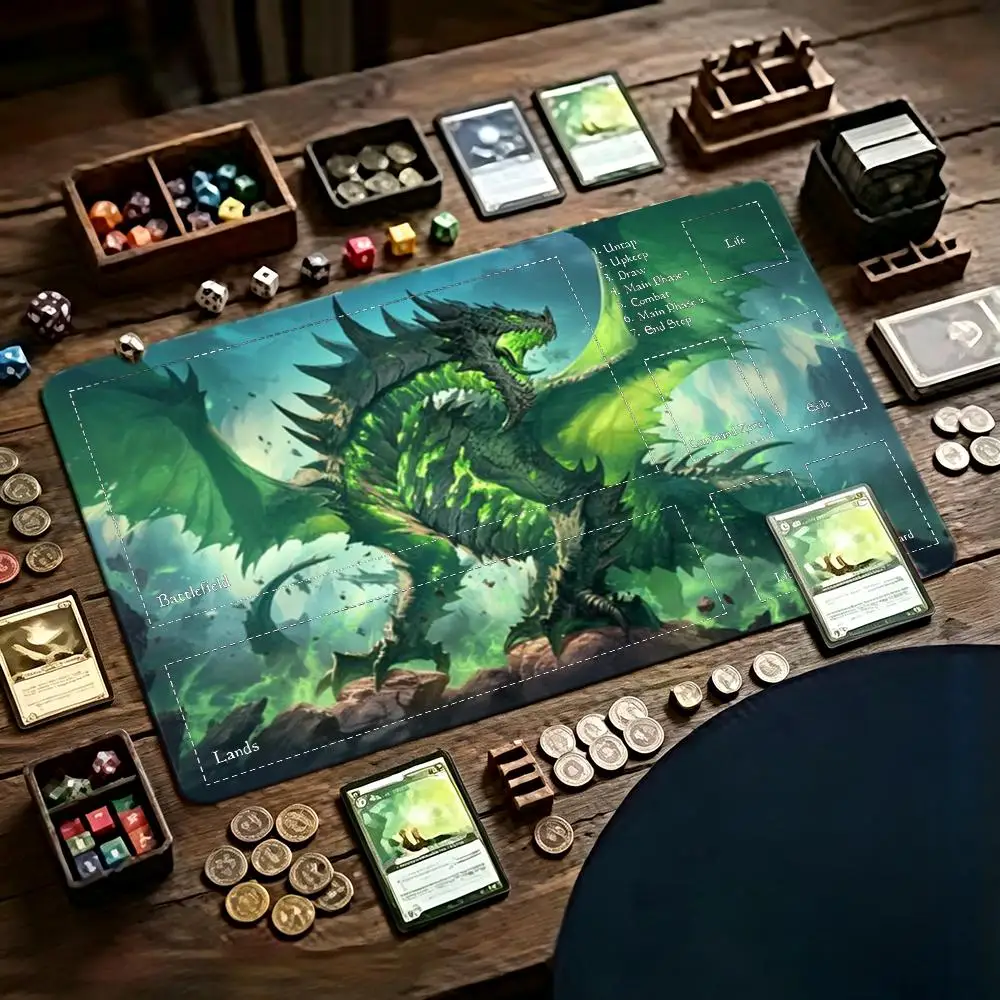 Игровой коврик Green Flame Dragon Zoned TCG, большой настольный коврик, коврик для мыши, нескользящая резиновая основа, настольный коврик для карточной игры MTG.