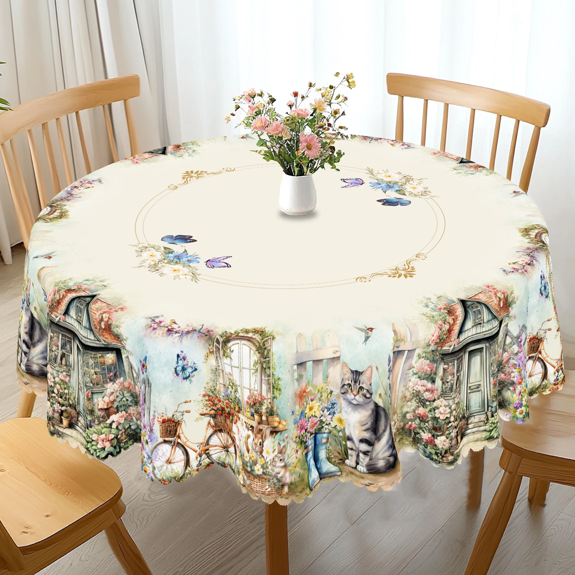 1 pezzo di tovaglie rotonde con stampa floreale in stile pastorale primaverile, 5 dimensioni, fiori, farfalle, conigli, tovaglie rettangolari con motivo stampa gatto, festival, tovaglie da cucina per la casa, uso interno ed esterno, decorazioni per la casa