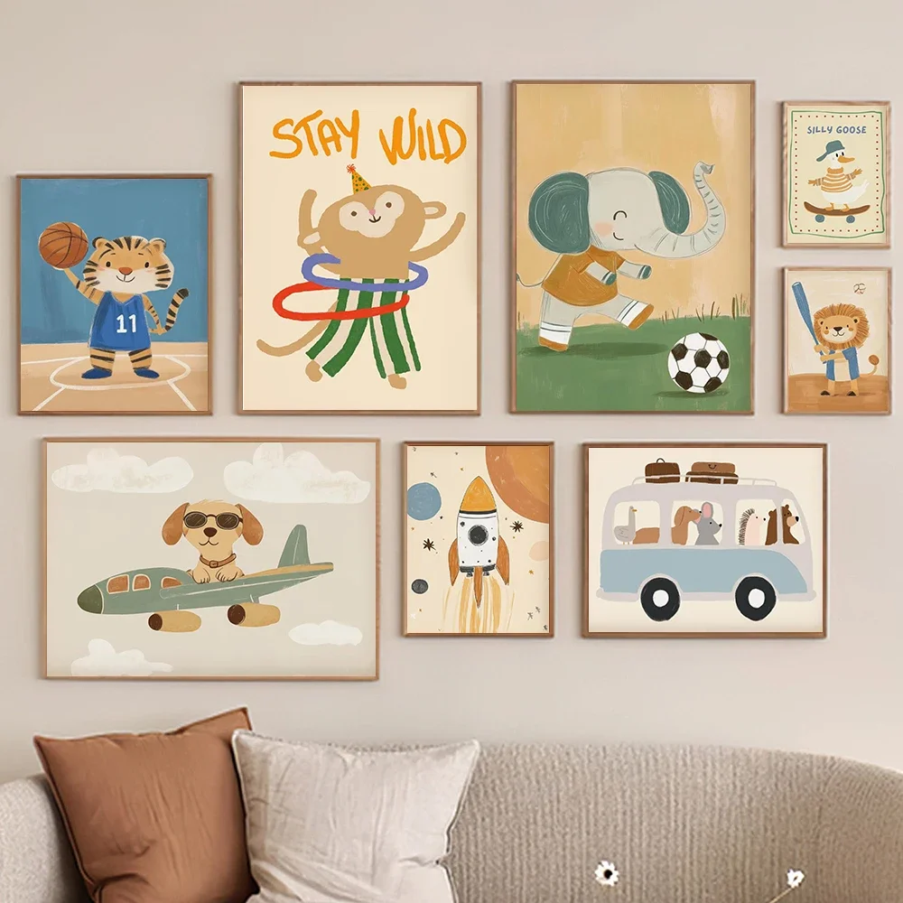 Caroon Animal Wall Art Nursery Canvas Prints Painting Tiger Lion Elephant Monkey Dog Posters Kawaii Pictures for Kids Room Decor
