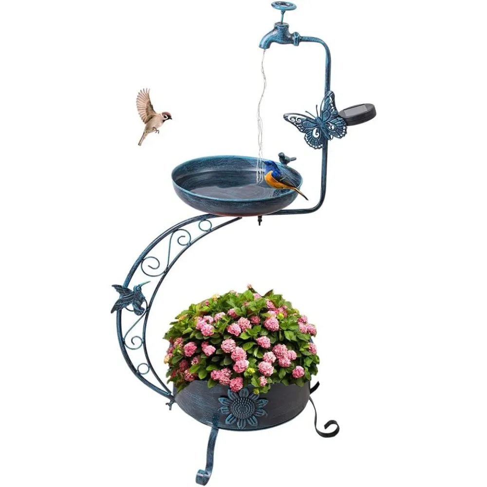 Blue Bird Baths for Outdoors Metal Garden Bird Bath with Solar Lamp Vintage S Birdbaths with Flower Planter Pedestal Standing