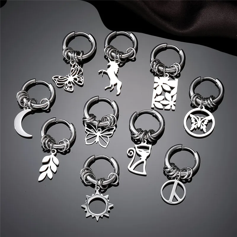 Stainless Steel Hollow Round Unicorns Butterfly Hoop Earrings For Men Women Punk Simple Leaves Sun Moon Endless Circle Earrings