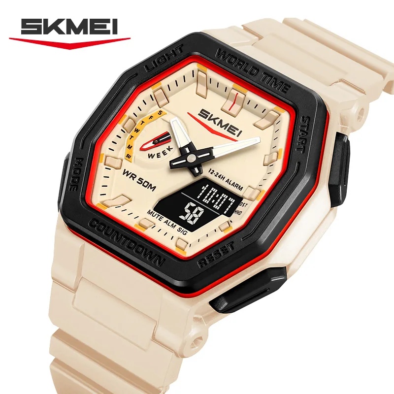 

SKMEI 2438, секундомер, будильник, светодиодный ночник, часы, повседневные кварцевые водонепроницаемые часы с двойным цифровым дисплеем, аналоговый календарь