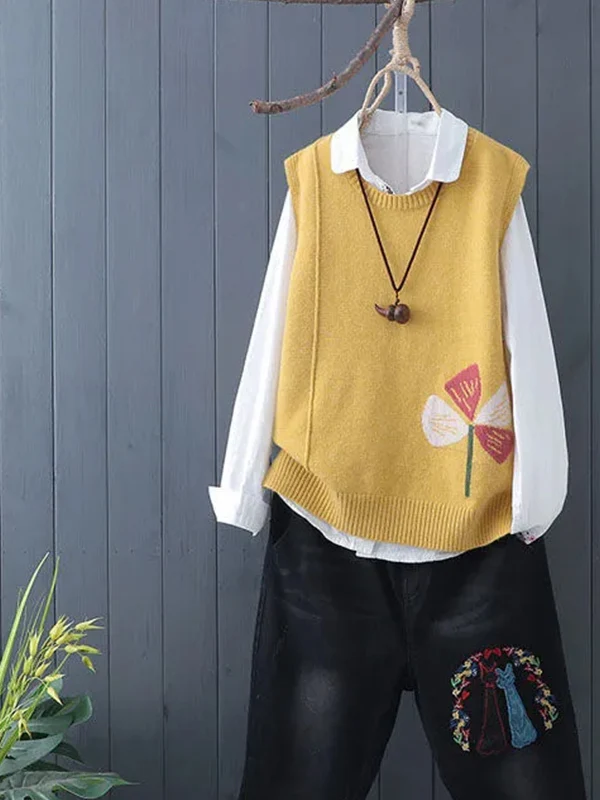 Women's Knitted Short Vest Loose Fit round Neck Embroidered Top Spring Autumn New Style Korean Version Knitwear Shortie