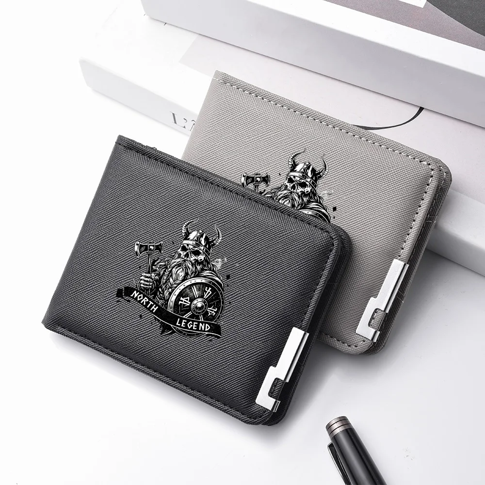 Men's Slim Double-Fold Wallet PU Leather Skull Axe Shield Pattern Multiple Card Slots And Holder Feature