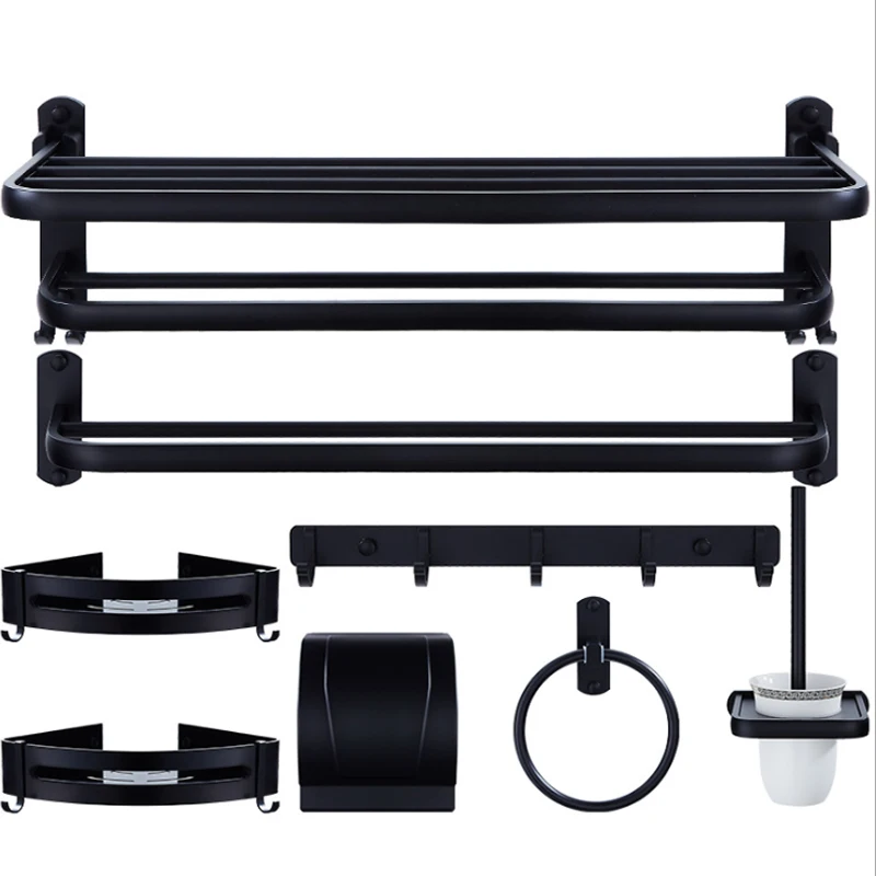 

No Drill Bathroom Hardware Towel Rack Black 50CM-60CM Folding Aluminum Towel Rack Holder With Hook Towel Holder Tissue Holder