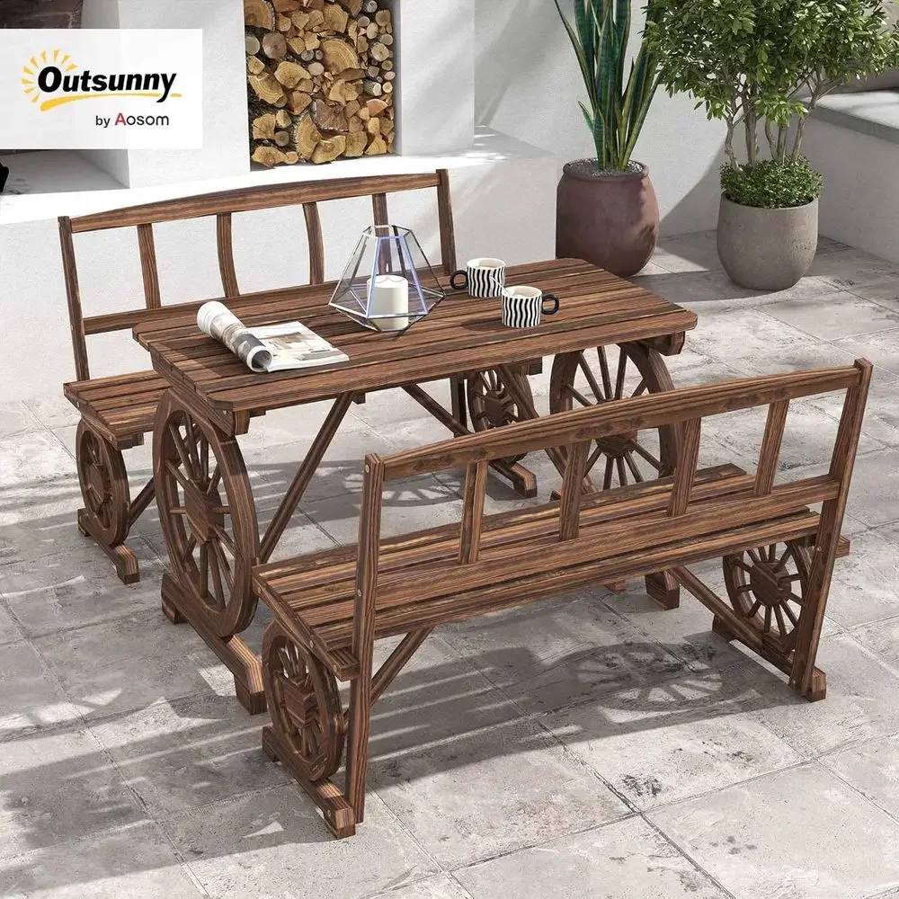 Weather-Resistant 3-Piece Wooden Patio Table Set with Wagon Wheel Design for 4, Ideal for Garden or Deck