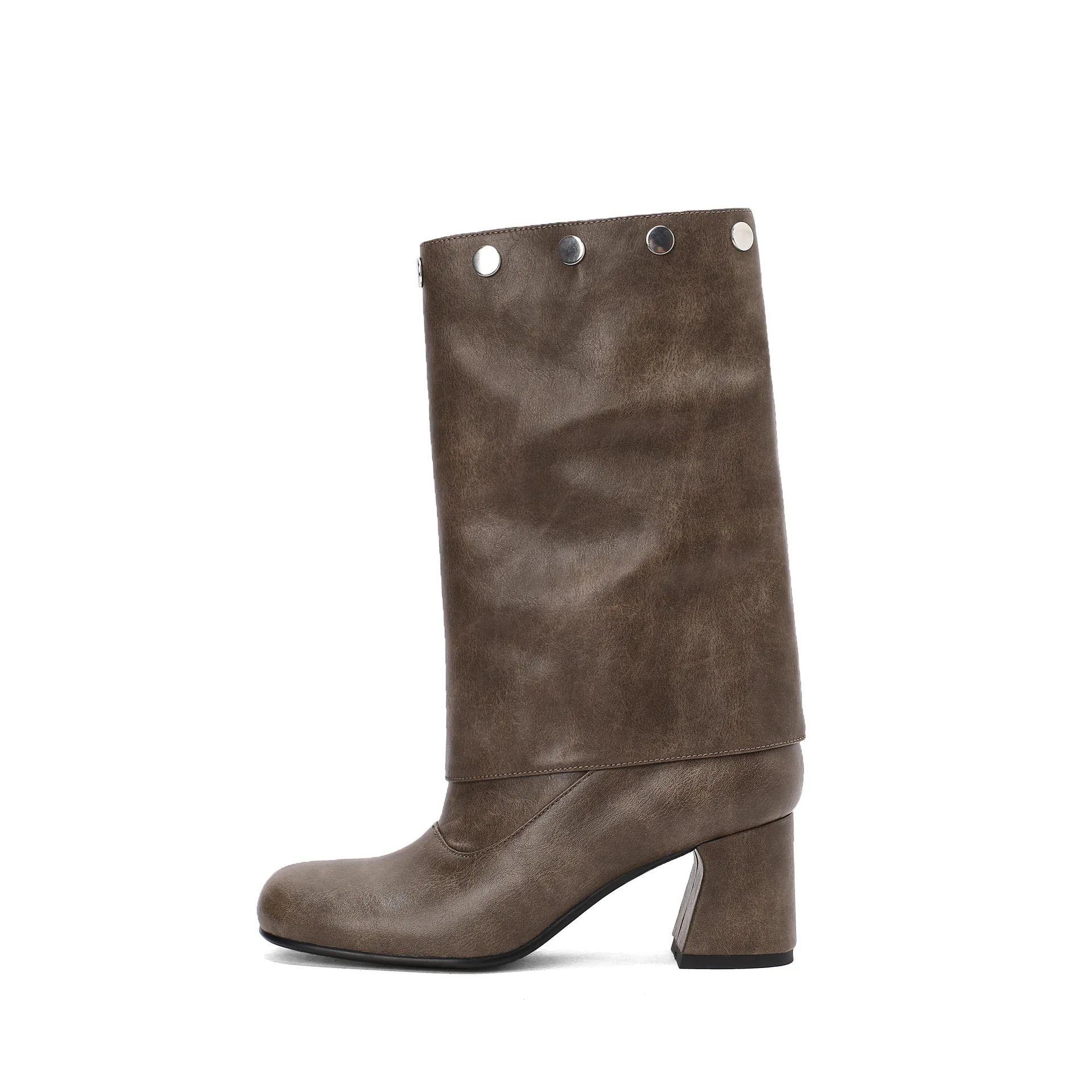 Arden Furtado Autumn Brown Cowhide Rivet Knee High Boots Round Toe Detachable Slip-On Chunky Heels Three Ways Modern Boots