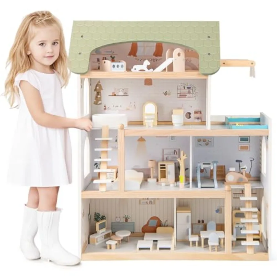 

Wooden Dollhouse, DIY Pretend Playhouse w/ 33 PCS Furniture Accessories, Modern Family Play House Toy w/Balcony, Pool for Girls