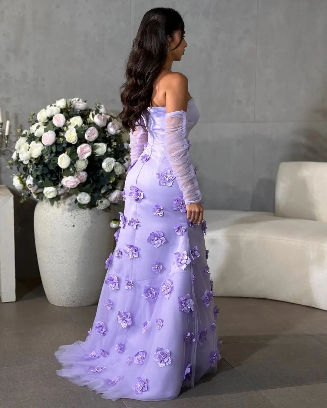 فساتين سهره نسائيه فخمة Strapless Floor-Length Hand-Made Flowers Tulle Zipper Up 3/4 Sleeves Dubai Luxury Evening Dress Formal