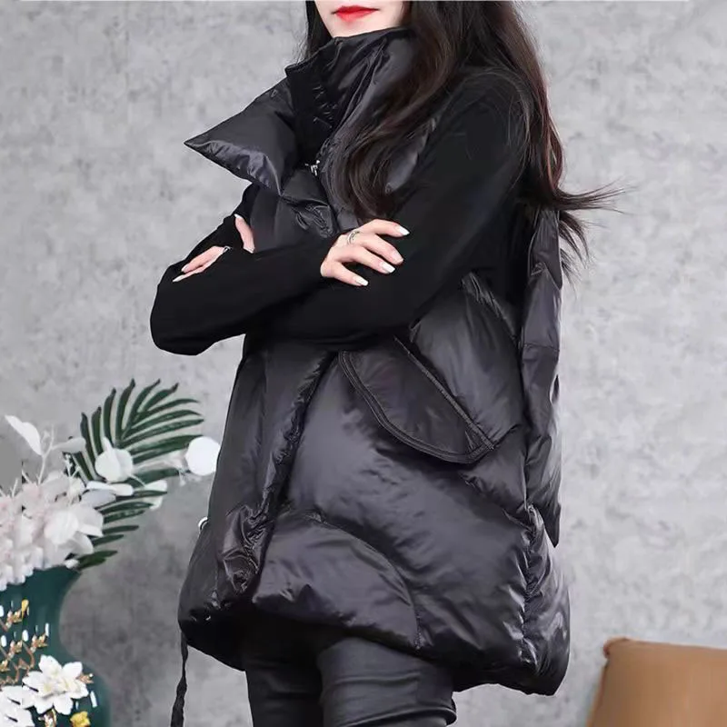 New Winter Down Cotton Vest Women Loose Solid Sleeveless Jacket Coat Female Warm Vests Autumn Lightweight Waistcoat Brown Black