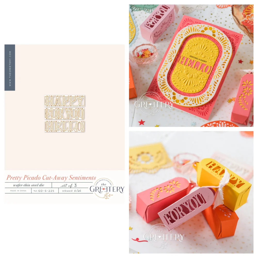 

New Greetery Pretty Cut-Away Sentiments Die Info Arch Box Mini Dies Stamp Stencil for DIY Scrapbook Greeting Card May 2026 New