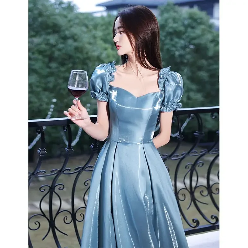 Ofallsis Blue Puff Sleeve Banquet Evening Dress Female 2023 New Elegant Birthday Light Luxury Graduation Art Exam Host Dresses