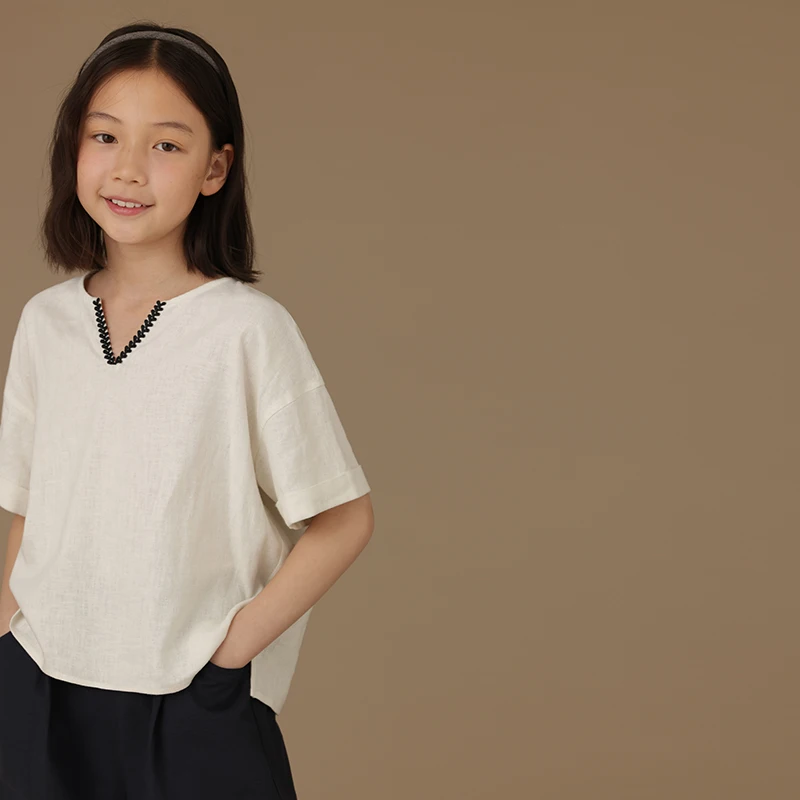 

children's clothing shirt children's white blouse short-sleeved tops summer thin children's small shirts linen V-neck T-shirts