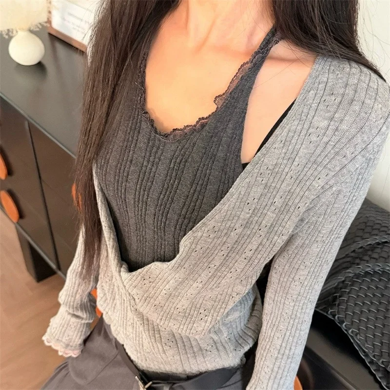 Fashionable Comfortable Long Sleeve Knitted T-Shirt Neck Hanging Trendy Women's Casual Style City Walk Travel Home Suitable