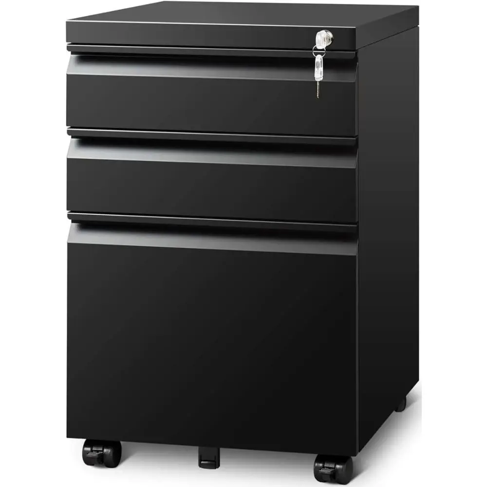 Mobile Home Office Cabinet with Lock, 3 Drawers, A4/Letter/Legal Size, Fully Assembled, Matte Black