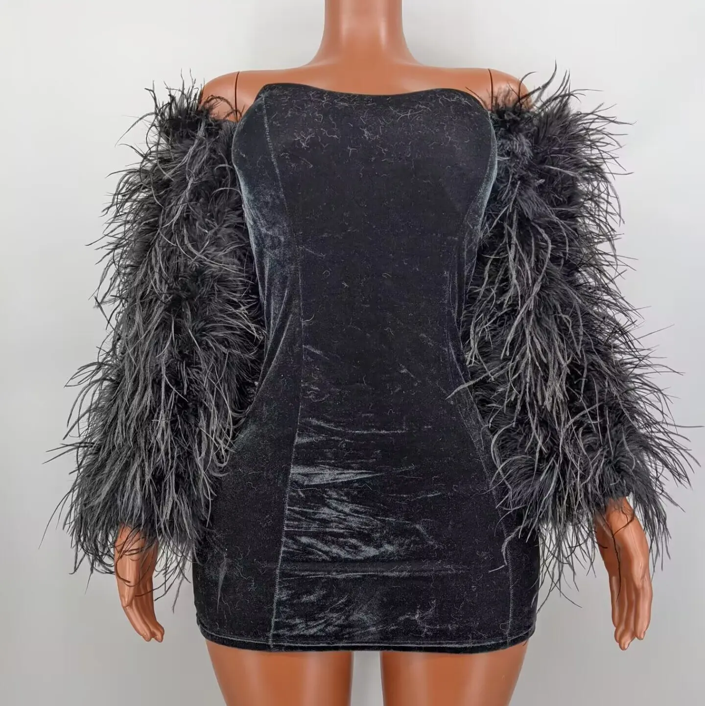 Women Black Real Ostrich Feather Long Arm Cuffs Fluffy Sleeve Covers Wedding Party Club Prom Costume Accessories 23A0401