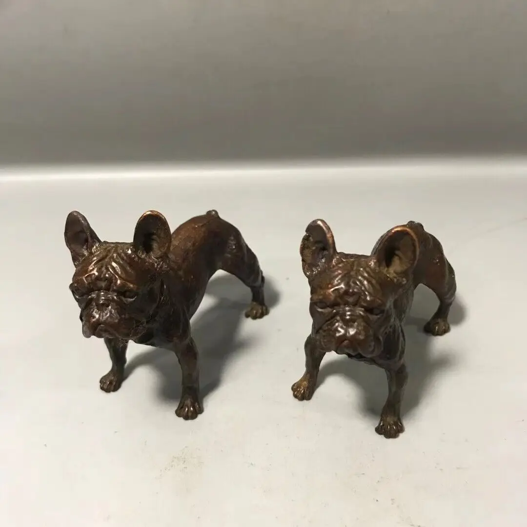 

Antique Tea Pet Collectible Pure Solid Copper Bulldog Handwork Statue pair Dog