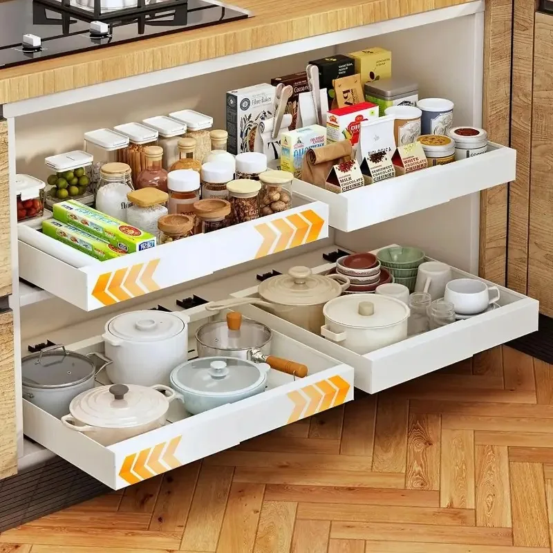 Heavy-duty expandable pull-out cabinet organizer with 3-track system and silent slides, suitable for kitchen cabinets and pantry