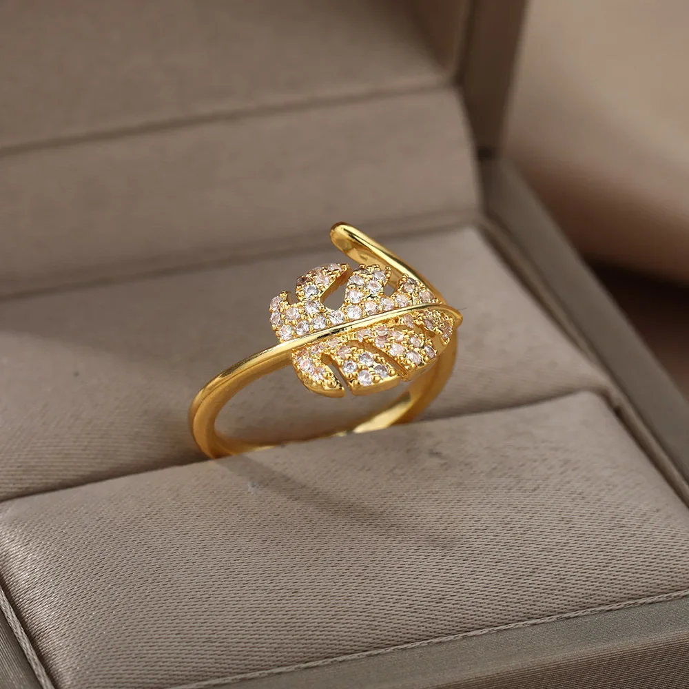 Modische offene Ringe in Palmblattform für Damen, goldfarben, mit Zirkonia, verstellbarer Fingerring, koreanischer Party-Schmuck, Geschenk für Mädchen – Detail 6