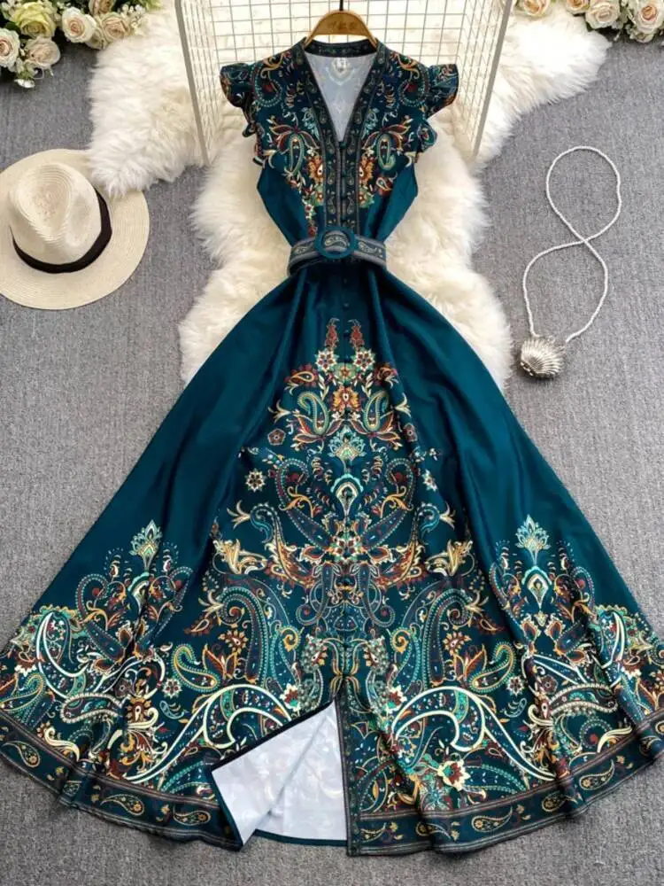 

Винтажное вечернее платье в придворном стиле, женское однобортное сексуальное длинное платье с v-образным вырезом и принтом, летнее элегантное тонкое длинное платье трапециевидной формы