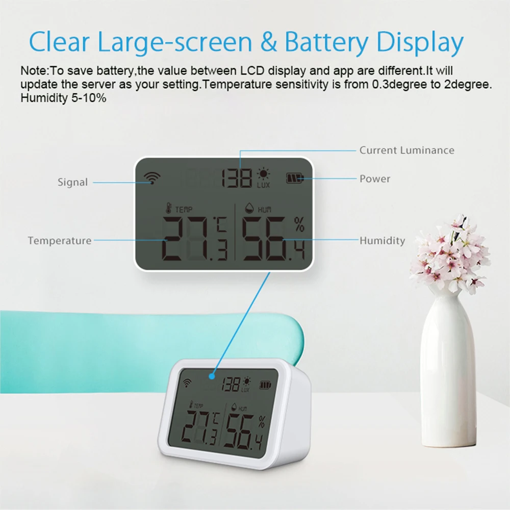 Tuya Wifi Zigbee Temperature Humidity Sensor Lux Light Detector Indoor Hygrometer Thermometer With LCD Screen Work Tuya Hub