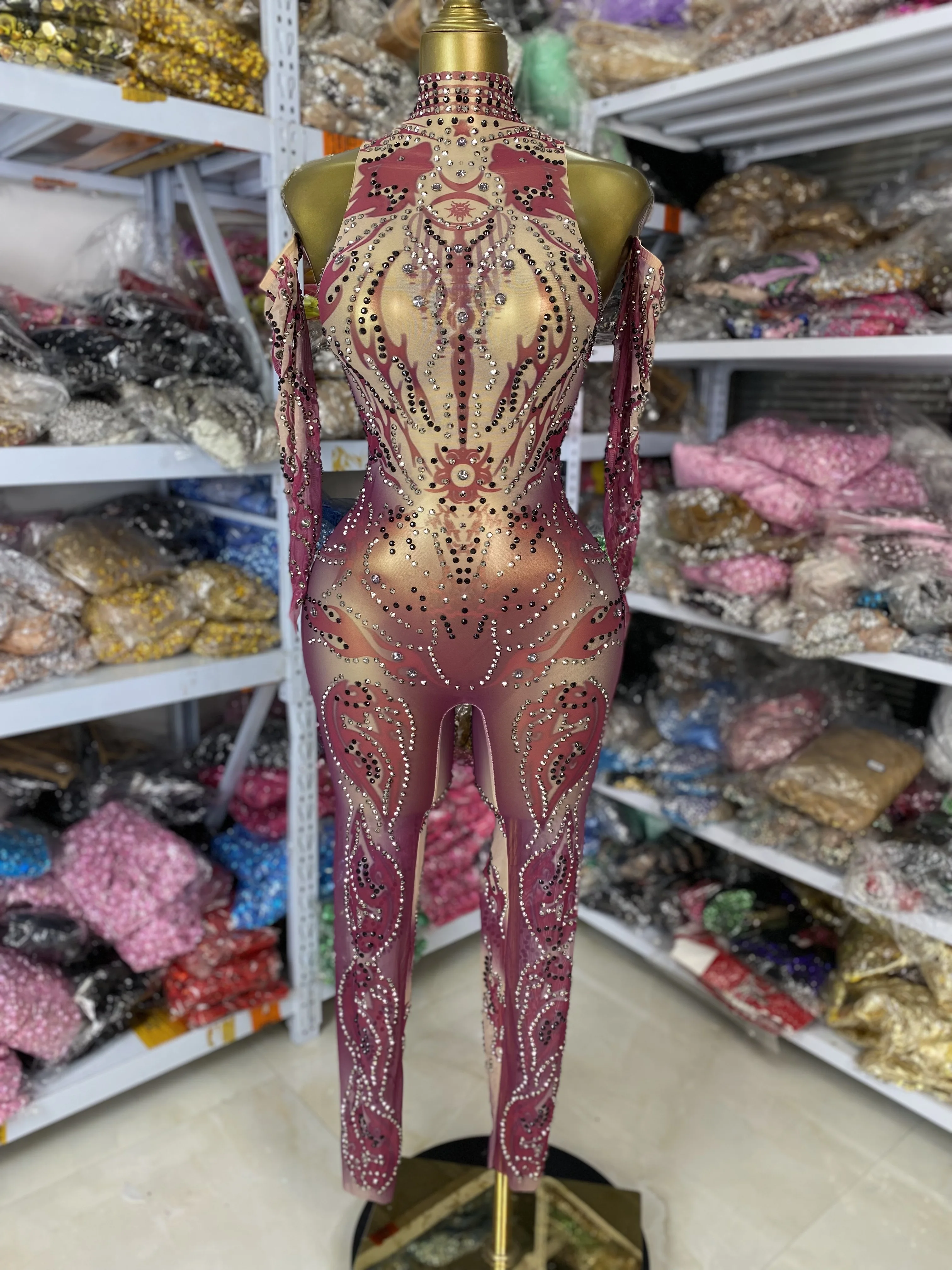 

Factory Sale Sparkly Rhinestones Printed See Through Bodycon Jumsuits With Sleeves Special Occassion Evening Club Party Costumes