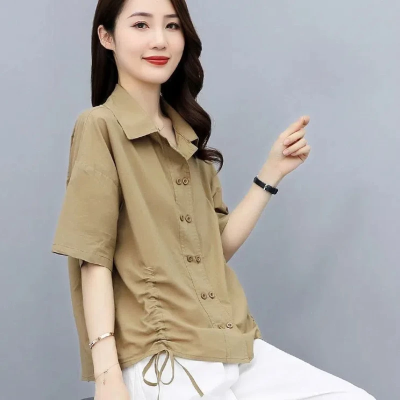 Loose Pleated Drawstring Blouse Polo Neck Short Sleeve Solid Color Casual Shirt Tops Vintage Fashion Women Clothing Summer New