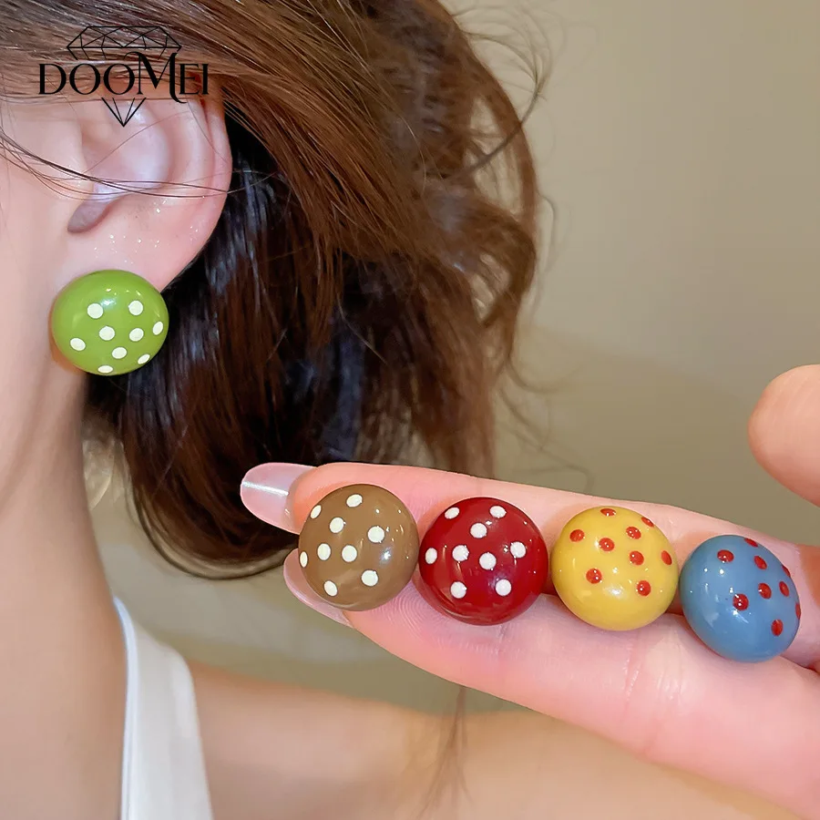 DOO MEI Vintage Round Resin Stud Earrings Simple Colorful Polka Dot Resin Drop Oil Ear Stud New in Earrings Women's Fashion