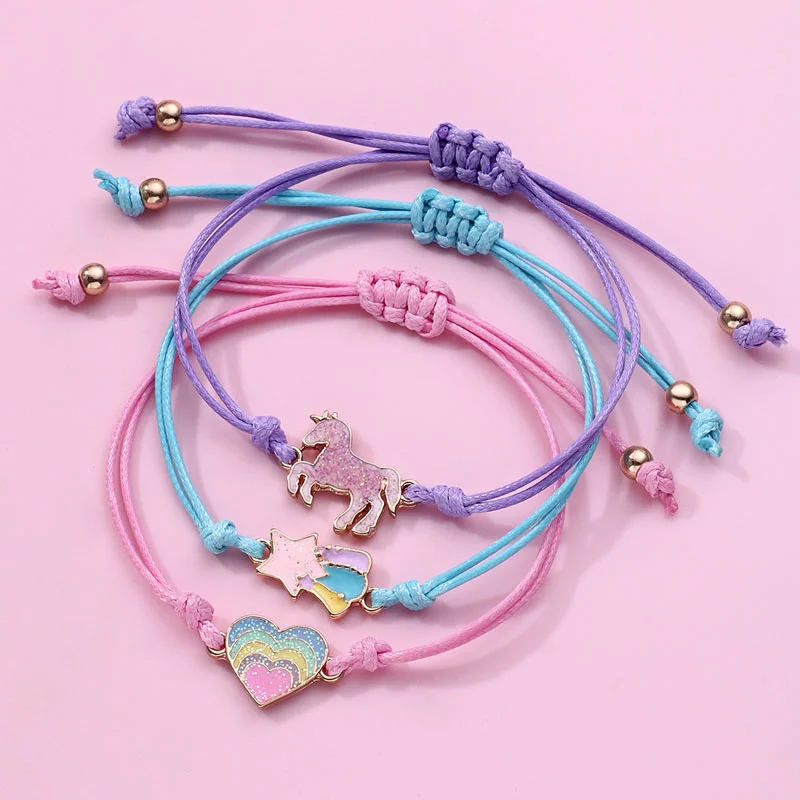 Luoluo&baby 3Pcs/set Bracelets Braided Cord Bracelet Unicorn Heart Star Charms for Jewelry Making Bracelet Kid\'s Gifts