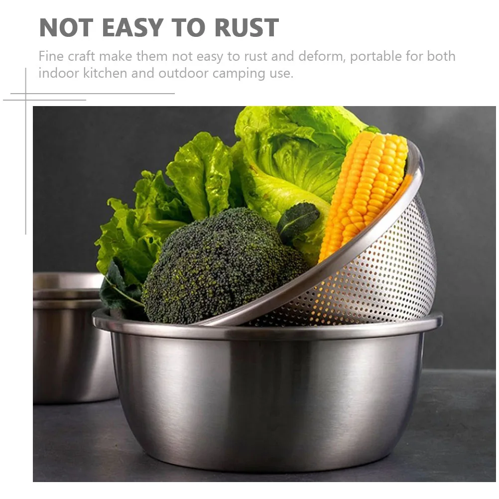 

1 set Stainless Steel Drain Basin Bowl Fruit Vegetable Washing Strainer Multi-Function Household Kitchen Supply Fine Hole Design