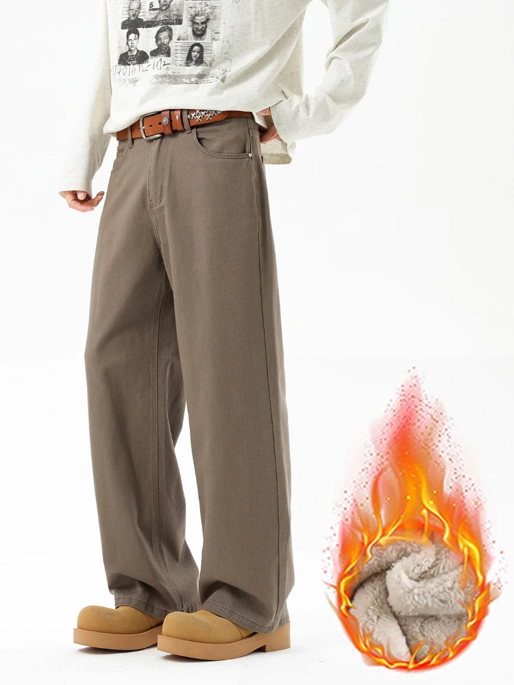 

Зимние мужские прямые брюки на флисовой подкладке, утепленные бархатные повседневные брюки из 100% хлопка, модные свободные плюшевые коричневые мужские брюки