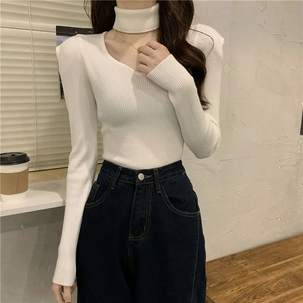 Turtleneck Pullovers Women 2022 Spring Summer Sexy V-Neck Hollow Knit Sweaters Woman Vintage Style Solid Jumper