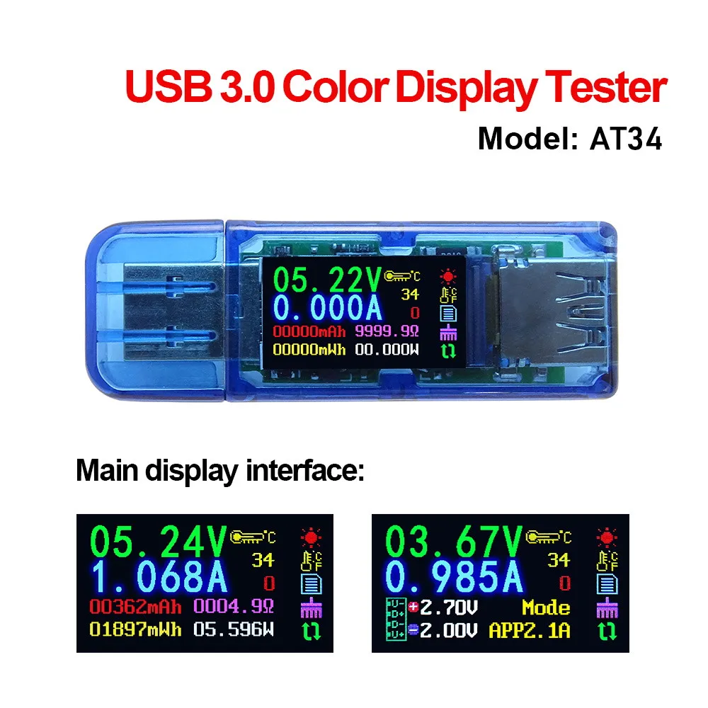 AT34 USB 3.0 kolorowy wyświetlacz LCD woltomierz amperomierz miernik napięcia prądu multimetr do ładowania baterii Bank USB Tester