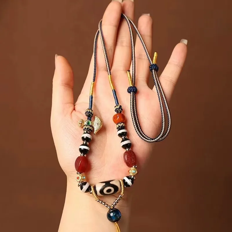 High-End Tibetan Hand-Knitted Rope Agate Tibet Beads Necklace Rope Thangka Pendant Rope Beeswax Pendant Rope Adjustable Clavicle