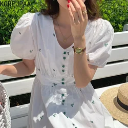 Korejpaa Women Dress Korean Fashion Elegant V-neck Button Embroidered Flowers Collect Waist Bubble Sleeves Long Vestidos