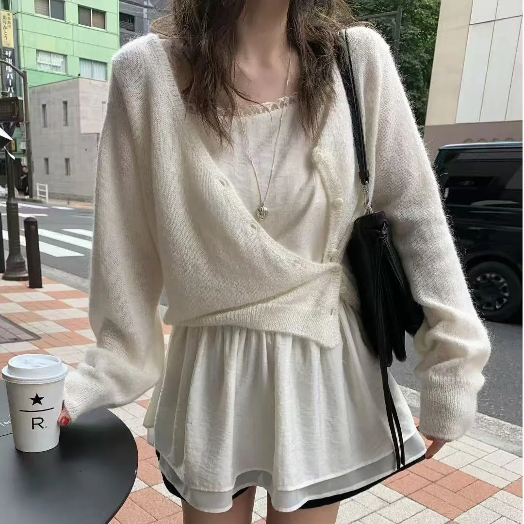 

Шикарный женский вязаный свитер Long Sve Sweet Sle с боковыми пуговицами, универсальный осенний новый дизайн, открытый кардиган для поездок на работу