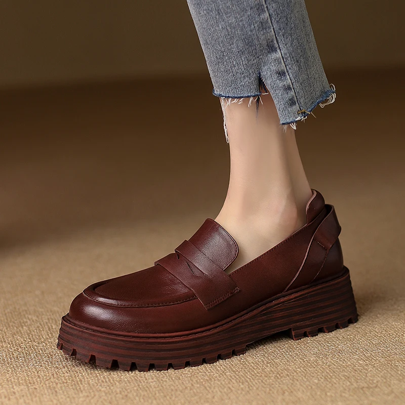 2022 Fall Women Shoes Round Toe Med Heel Loafers Genuine Leather Shoes Women Slip-on Pumps Female Shoes Womens Platform Heels