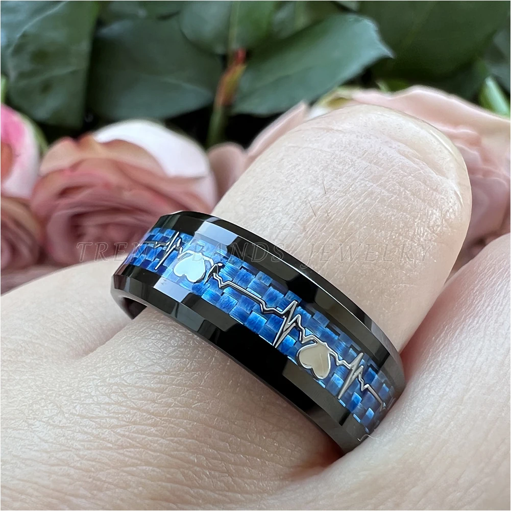 Ehering aus Wolframkarbonfaser mit Herz-Inlay, Jubiläumsring für Damen und Herren, Verlobungsschmuck, poliert, glänzend – Detail 5