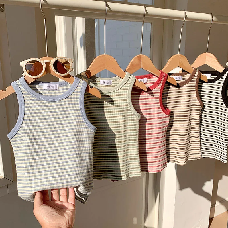 

Повседневная универсальная уличная одежда для мальчиков и девочек от 1 до 8 лет, детская рубашка, детский летний жилет в полоску, пуловер без рукавов, хлопковые топы, рубашка