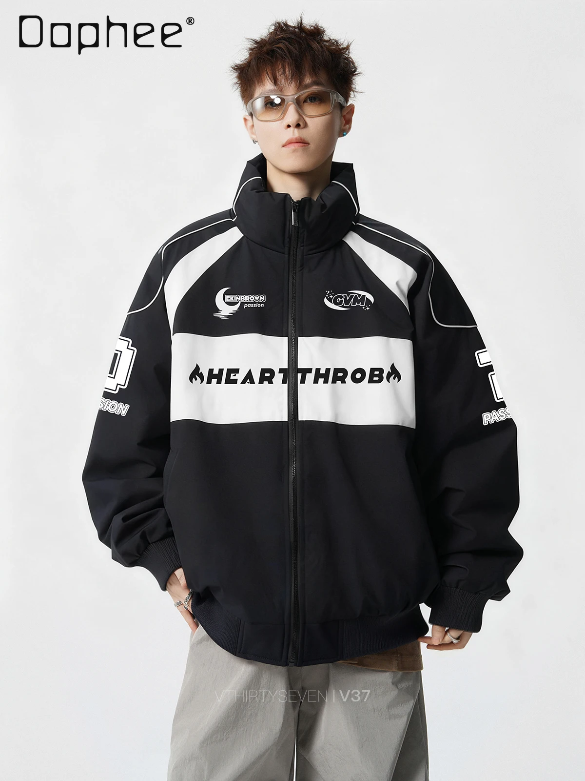 

Autumn Winter American Style Motorcycle Black Cotton Jacket Men's Cool Thickened Stand Collar White Navy Racing Cotton Coat