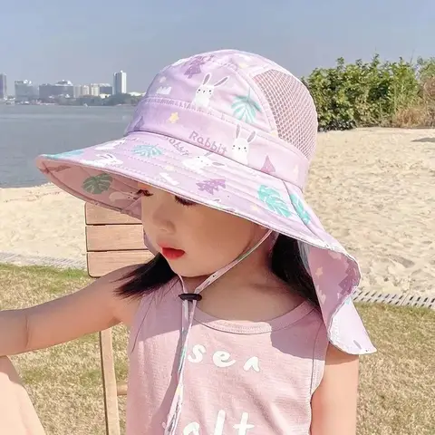 Summer Children UV Protection Shawl Hat Print Kids Sunshade Visor 2-10Year Boy Girl Baby Quick Dry Mesh Bucket Hat キャップ キッズ