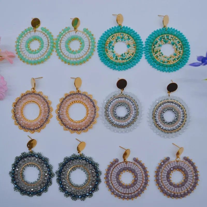 Bohemia Rice bead earrings Circle Hollowed-out Multicolored Crystal  Alloy Creativity Fashion Simple Beaded earrings  Hand-woven