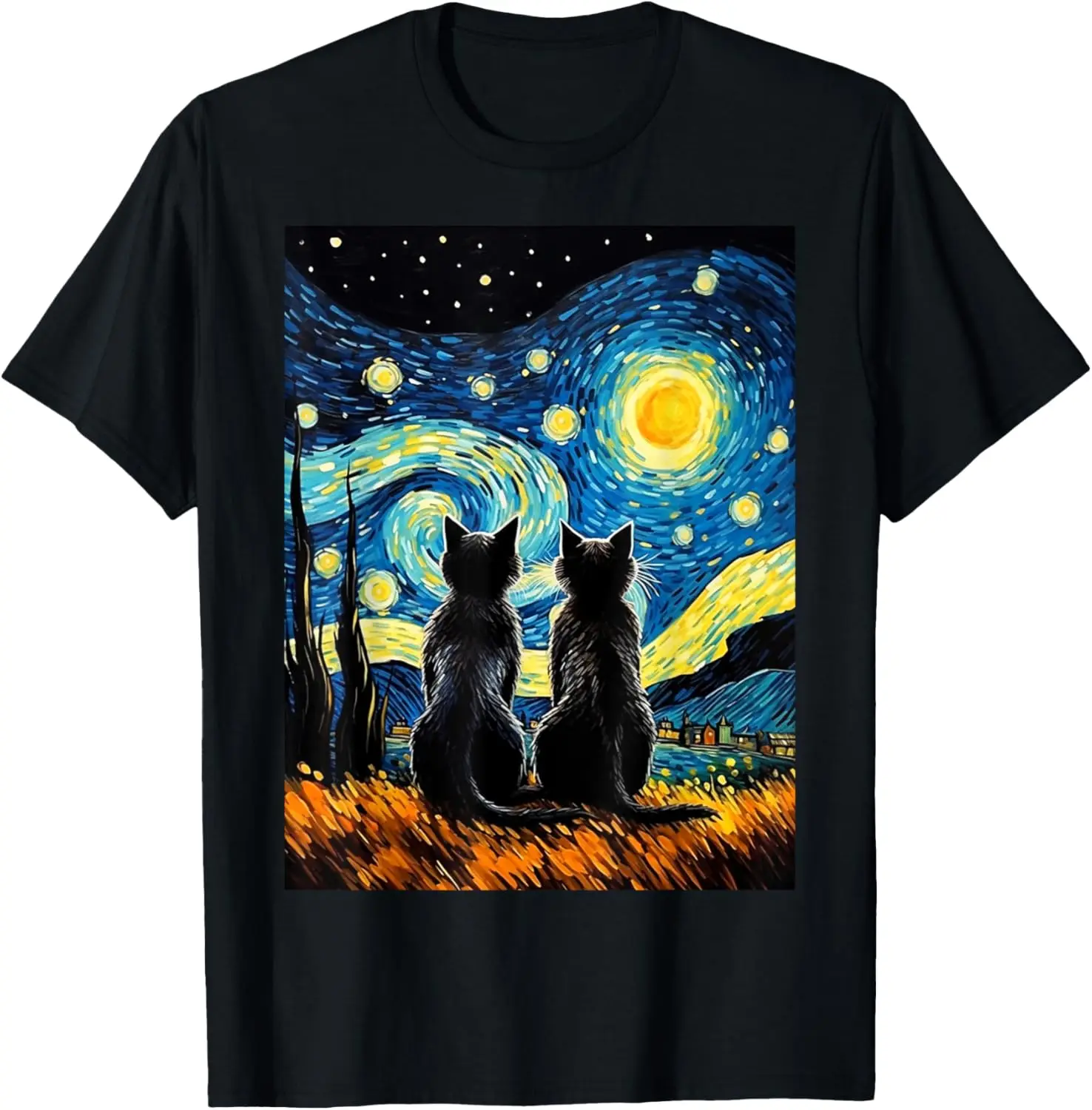 Black Cats Lover Starry Night Vincent van Gogh T-Shirt