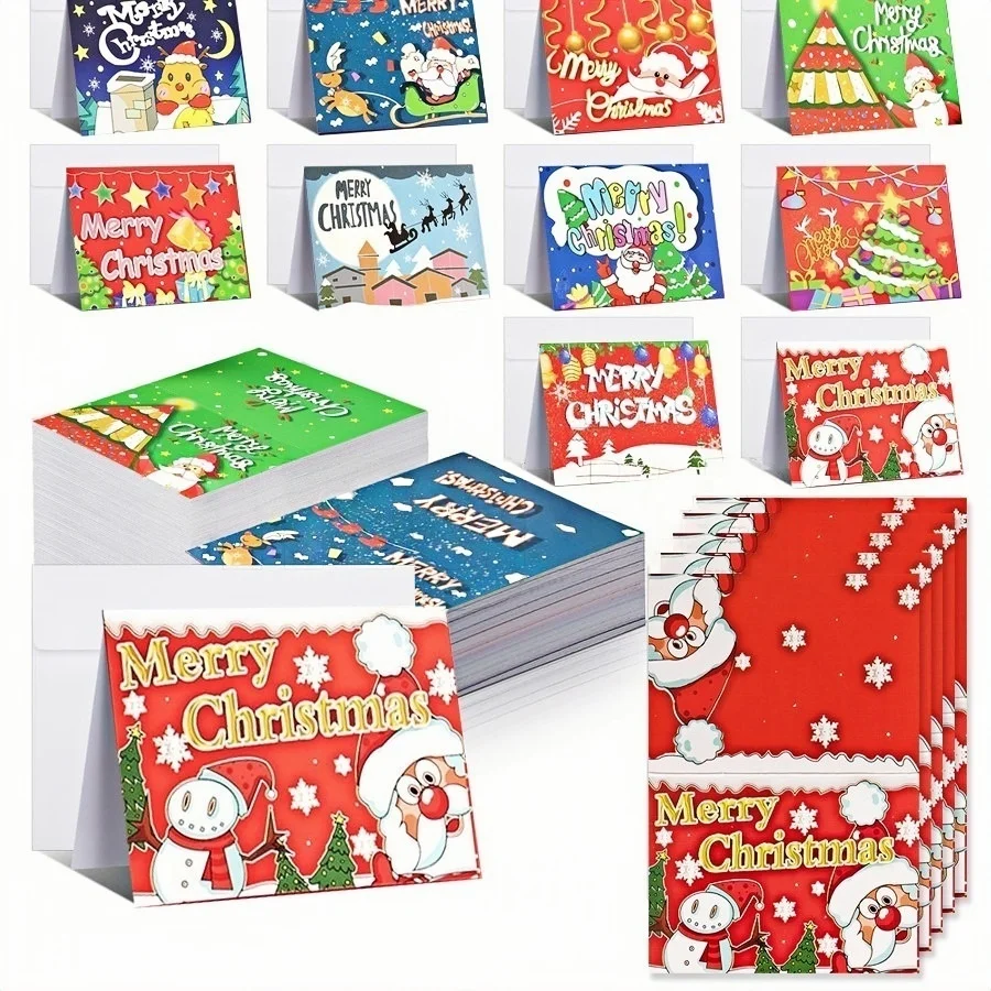10/80/100Pcs Merry Christmas Card Xmas Birthday Party Gift Card Cute Cartoon Half-Folded Card Blessing Message Card