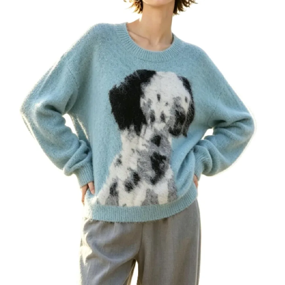 Autumn Women Cute Blue Animal Knitted Shaggy Sweater Round Collar Long Sleeve Pullover Knitwear Loose Jumper Tops Coffee