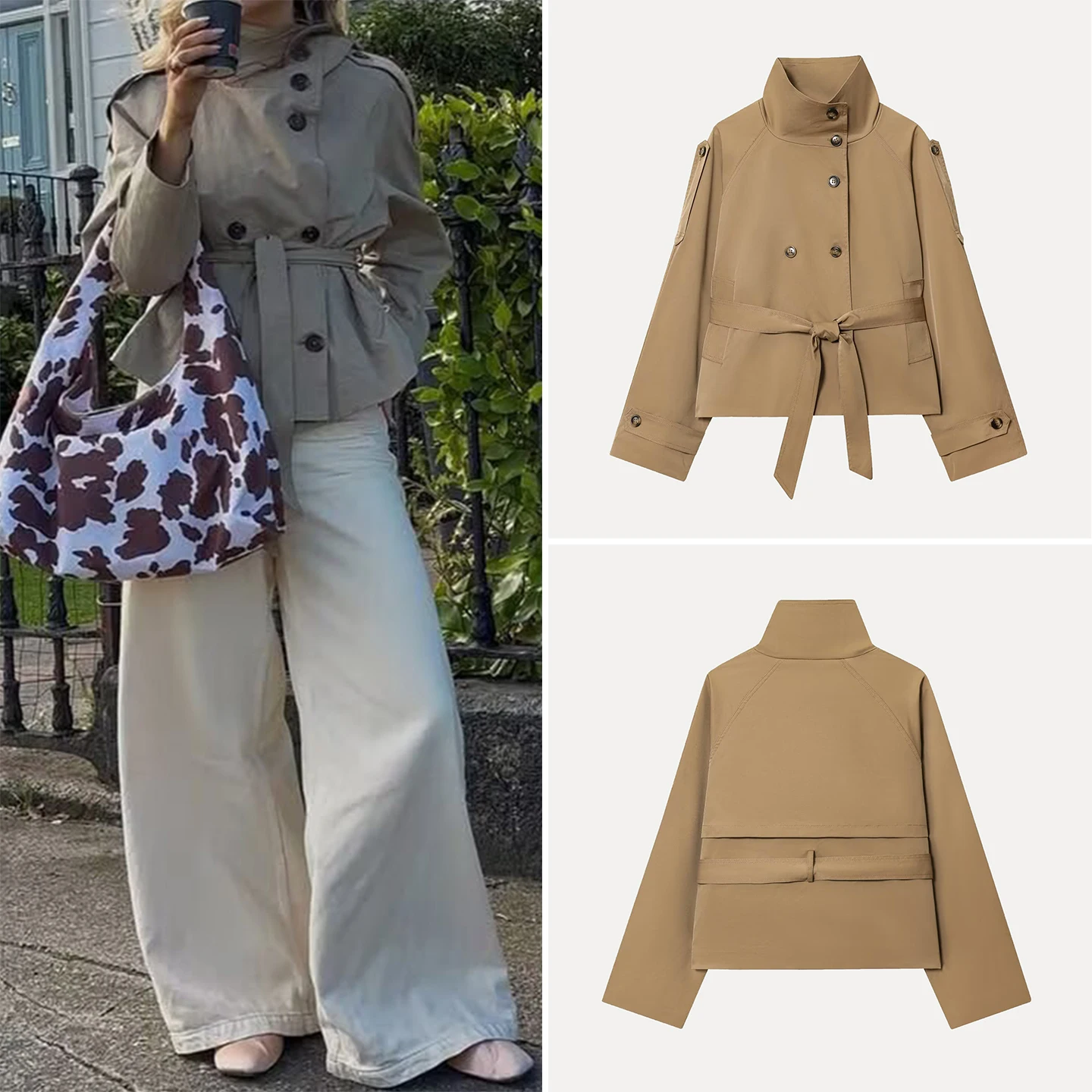 

Z 2025 New Faion Sweet Ele Double Buttoned Belted Windbreaker Commute Straight Cut Long Sve Stand Collar Midi Coat