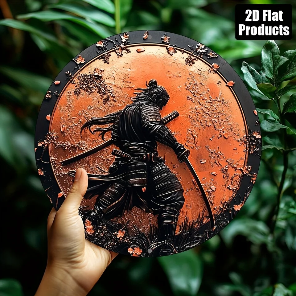 Japanese Samurai Warrior Metal Wall Art 8x8 Inch - Classic 2D Circular Aluminum Decor for Home Office Bar Kitchen - Perfect Holi, image 2