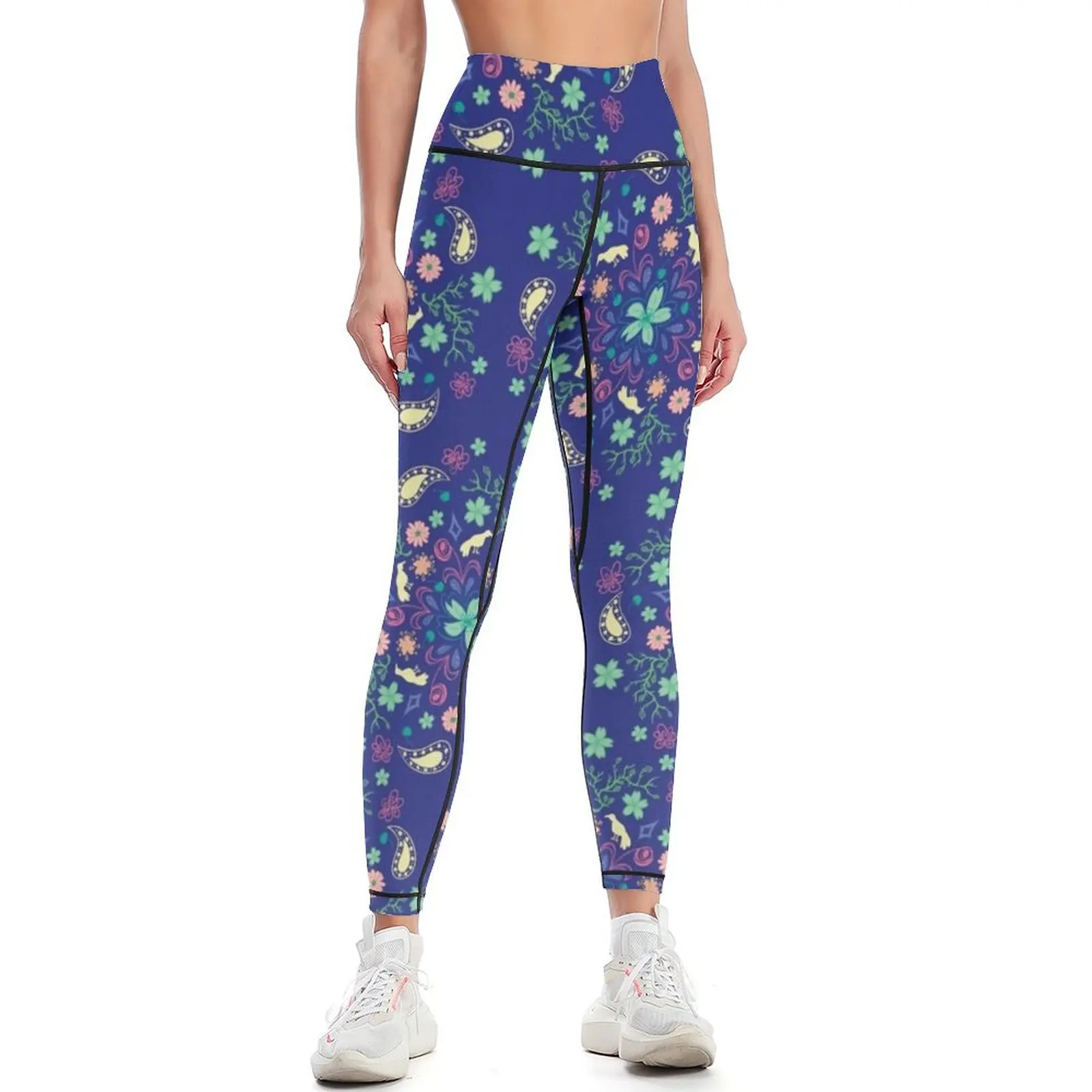 Sakura Cherry Blossom Blue and Green Floral Pattern Leggings Fitness woman Fitness clothing Womens Leggings